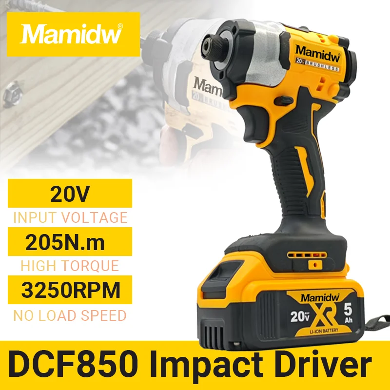 Mamidw DCF850 Brushless Cordless 3250RPM Screwdriver 205N·m Lithium Impact Driver Impact Drill For Dewalt 20V Battery