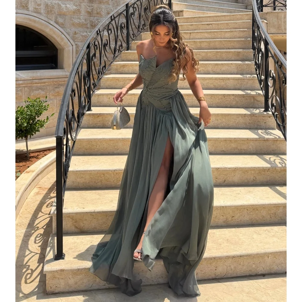 Sage Green A Line Prom Dresses Glitter Beads Sleeveless Evening Dresses Chiffon Floor Length Customized Wedding Guest Dresses