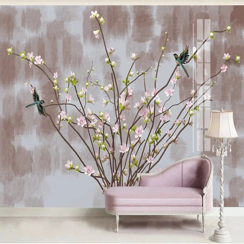 Custom Photo Wallpaper Chinese Hand-painted Pink Flowers Murals Living Room TV Sofa Background Wall Painting 3D Decor Fresco