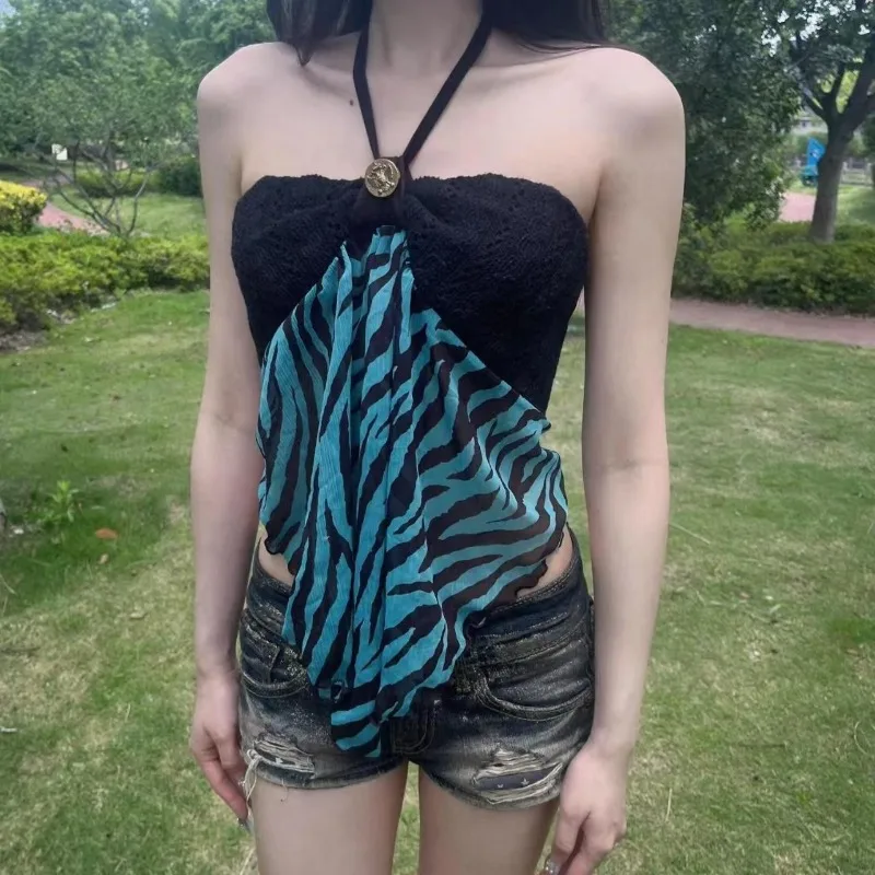 

American Retro Hottie Camisole Subculture Striped Patchwork Bind Strapless Vest Summer Sexy Harajuku Chic Tanks Women's Y2K Tops