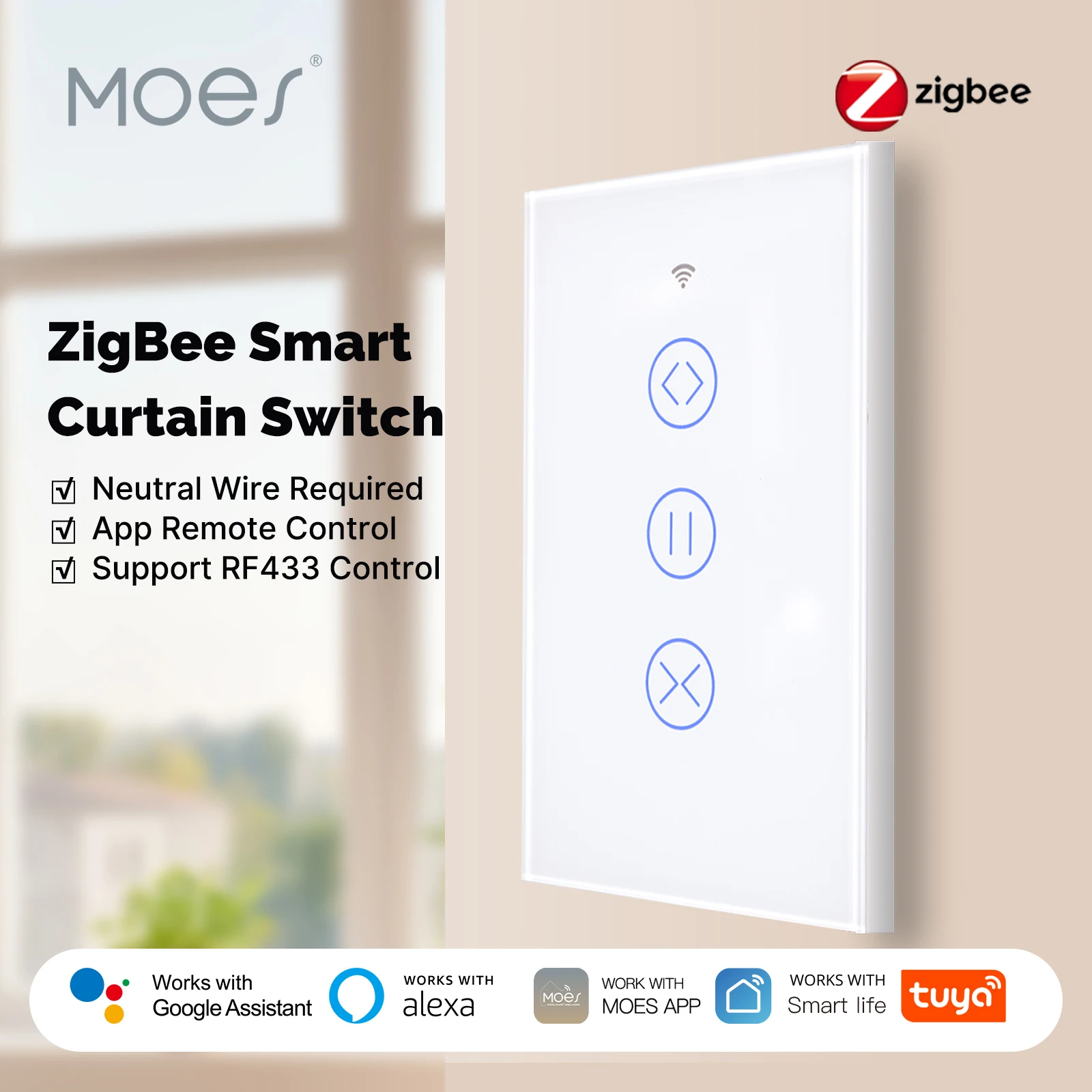 

MOES Tuya ZigBee Smart Glass Touch Curtain Switch RF App Wireless Control Fireproof Neutral Wire Required With Alexa Google Home