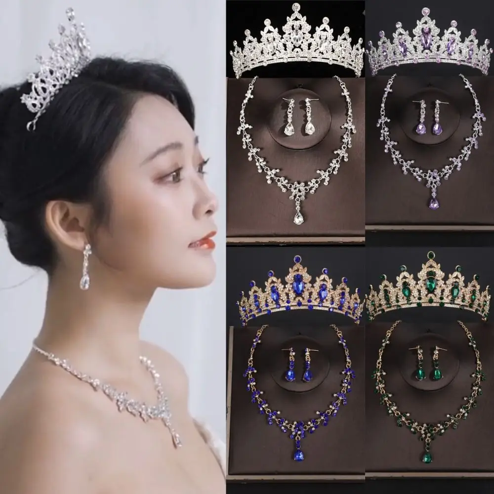 3 unids/set de conjuntos de joyería nupcial de lujo, Tiaras de Color plateado de cristal, collar de corona, pendientes, diamantes de imitación brillantes