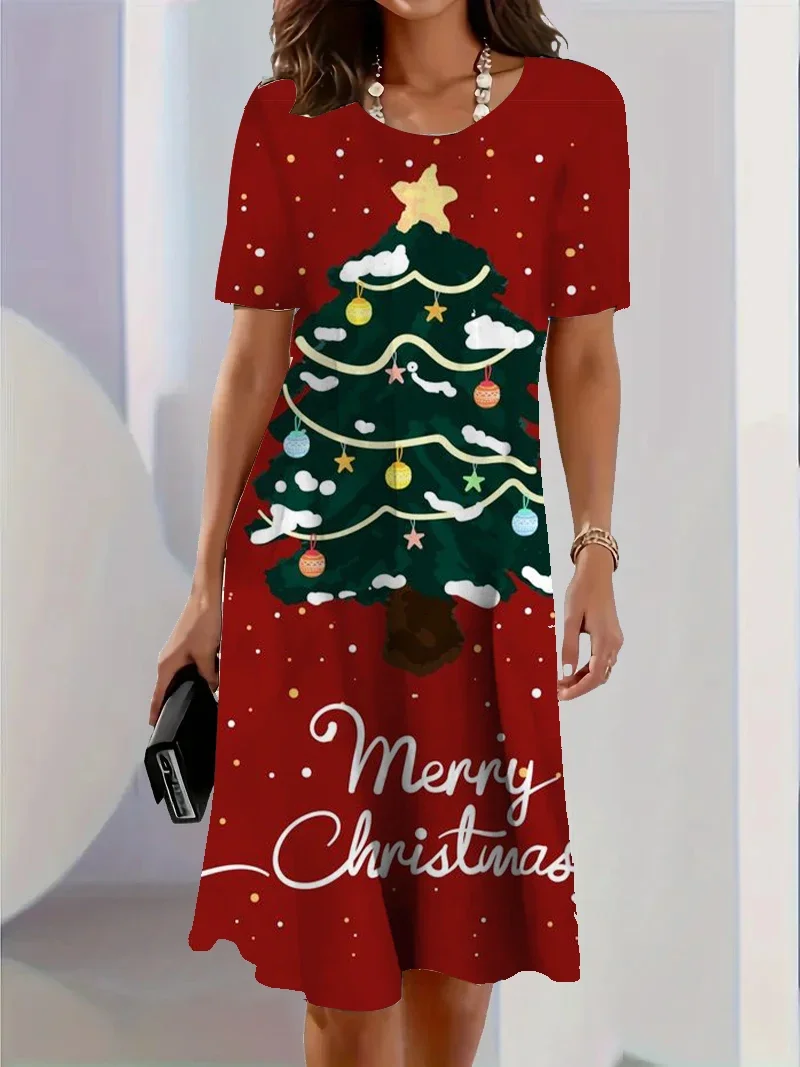 Casual Cute Christmas Print Dress New Year Party Women O-Neck Short Sleeve Loose Mini Dress Elegant Plus Size Women Summer Dress