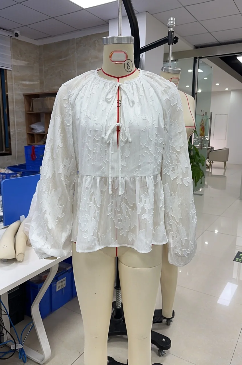 Women's Floral Embroidery Blouse Fashionable Casual Tie Front Long Sleeve Loose Tops