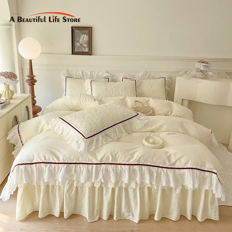 Pure Cotton Lace Ruffles Bedding Set Luxury 4pcs Solid Color Princess Quilt/Duvet Cover Quilted Bed Skirt 100% Cotton Pillowcase