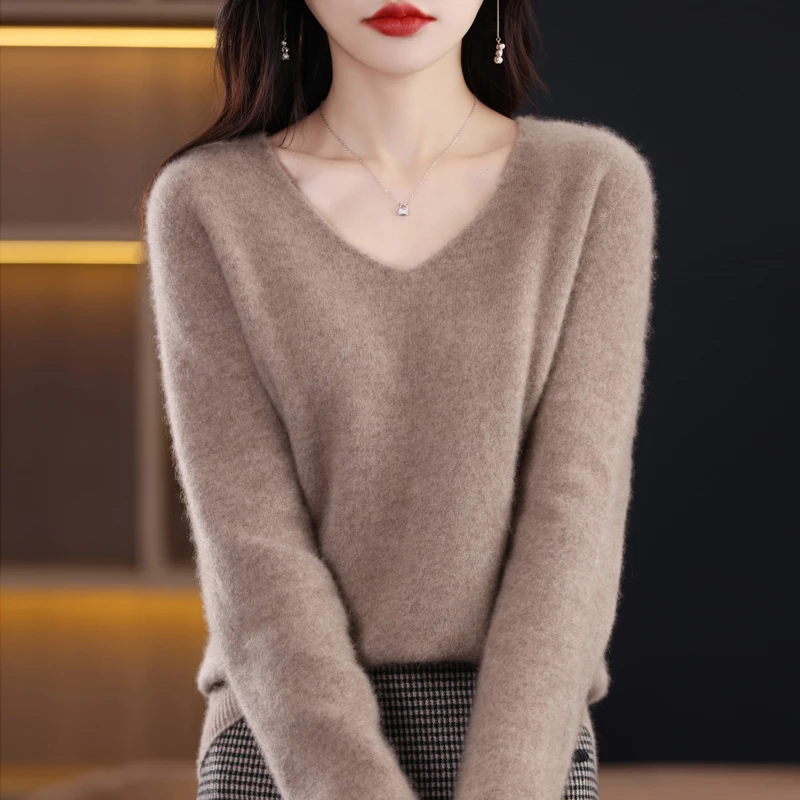 100% wool cashmere sweater Women\'s loose fitting casual knit V-neck pullover 2023 new high-quality autumn and winter sweater