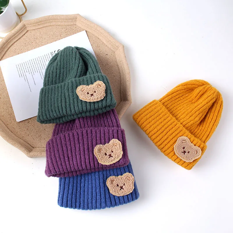 Korean Bear Baby Knit Hat Autumn Winter Warm Toddler Cap for Boy Girl Beanies Cute Solid Color Cartoon Kids Knitted Hats