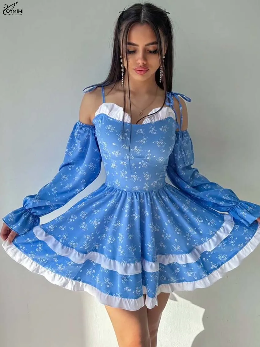 Oymimi الخريف الأسود طباعة المرأة فستان عادية السباغيتي حزام المرقعة فساتين طويلة الأكمام موضة تكدرت مطوي فستان قصير
