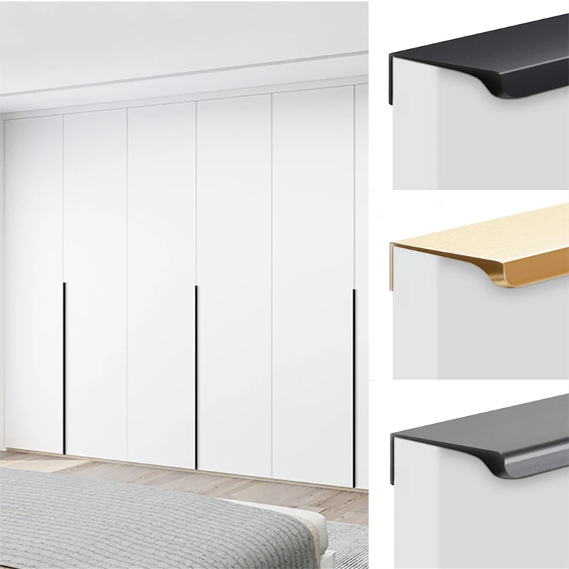 Hidden Furniture Handles Matte Black Gold Silver Kitchen Cabinet Pull Wardrobe Pull Not punched Handles for Cabinets and Drawers