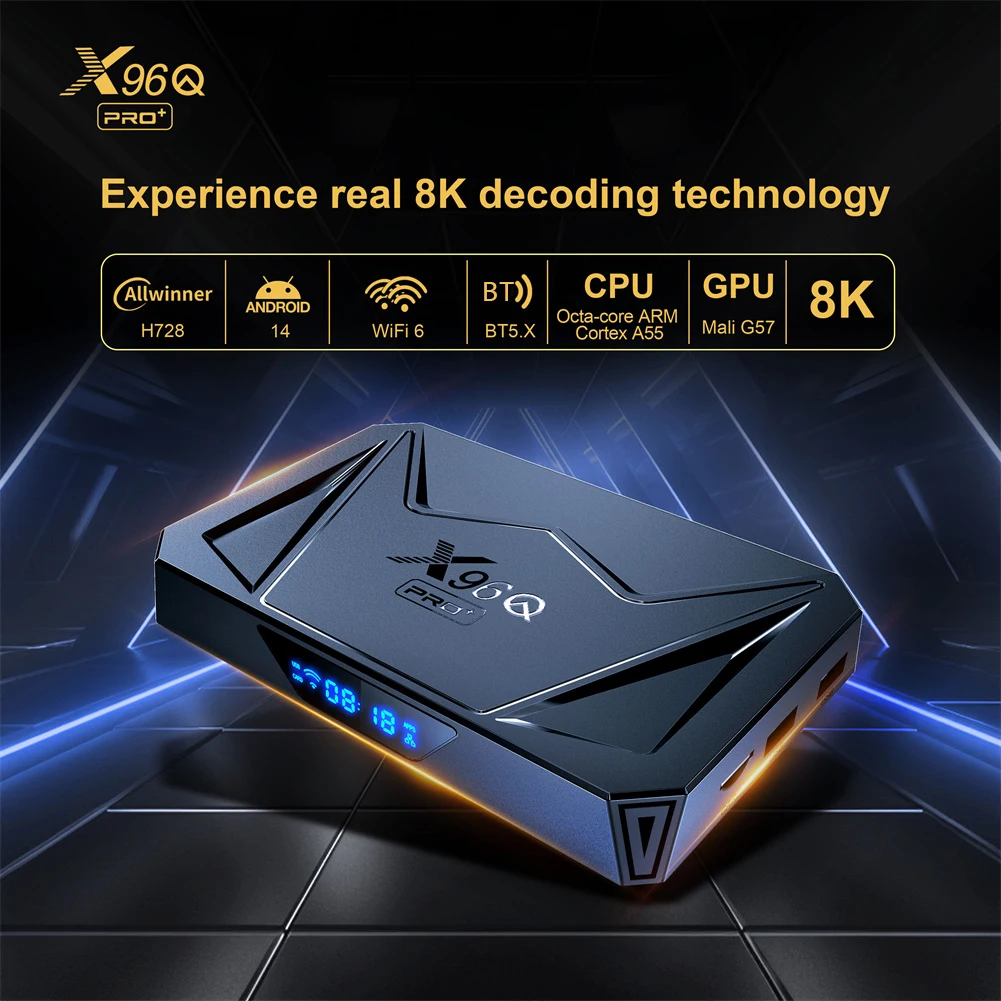

ТВ-приставка X96Q PRO +, совместимая с Android 14, 3D, двухдиапазонный, 2,4 ГГц/телефон, Wi-Fi, Восьмиядерный, HD, потоковый Проигрыватель Smart TV