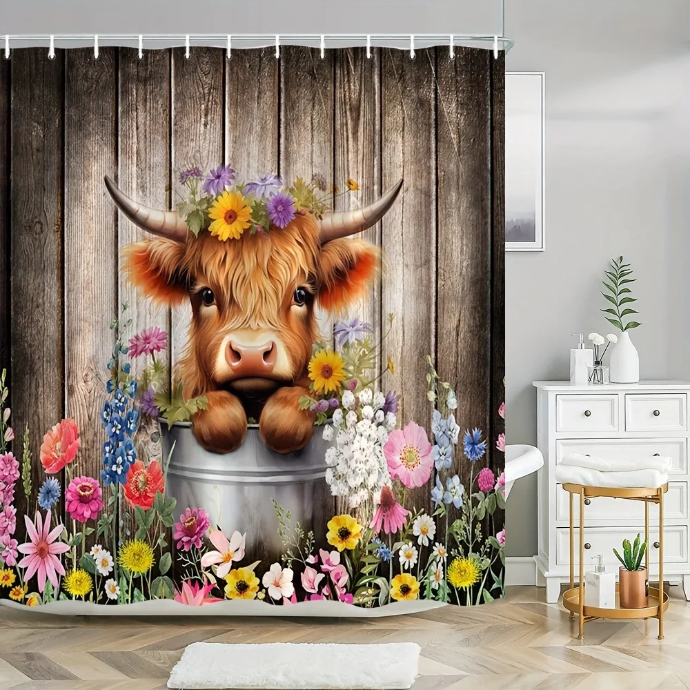

Очаровательная корова с ромашками, моющаяся грязеотталкивающая занавеска для душа, насадка для душа, водонепроницаемая полиэстеровая занавеска для ванны для домашнего декора