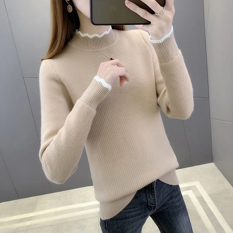Winter Wave Half High Collar Knitted Sweater Women Korean Fashion Plush Velvet Long Sleeve Knitwear Jumper Thick Bottoming Top
