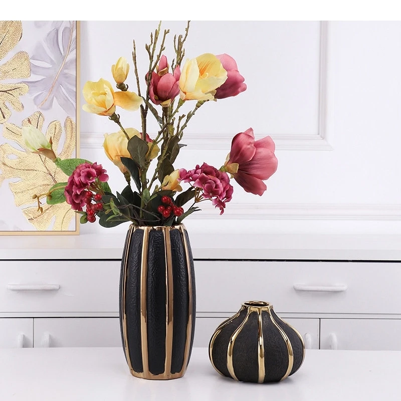 Golden Stripes Black Ceramic Vase Modern Flower Pots Decorative Arrangement Desk Decoration Gold-plated Vases