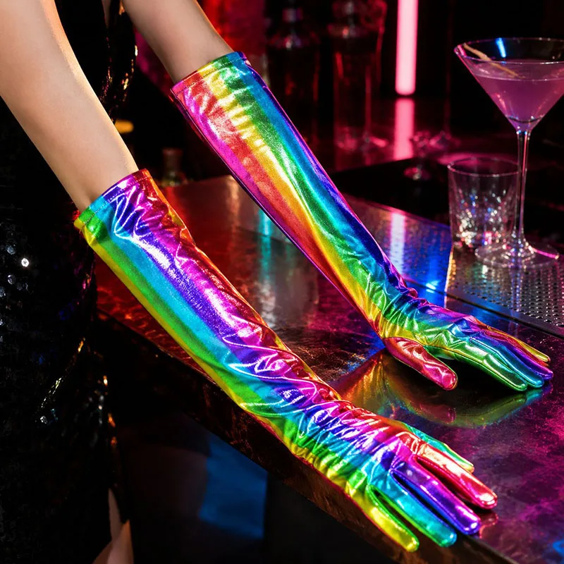 Fashion Rainbow Patent Leather Coated Long Gloves Imitation Leather Women Sexy Dance Party Club Performance Punk Gothic Cosplay