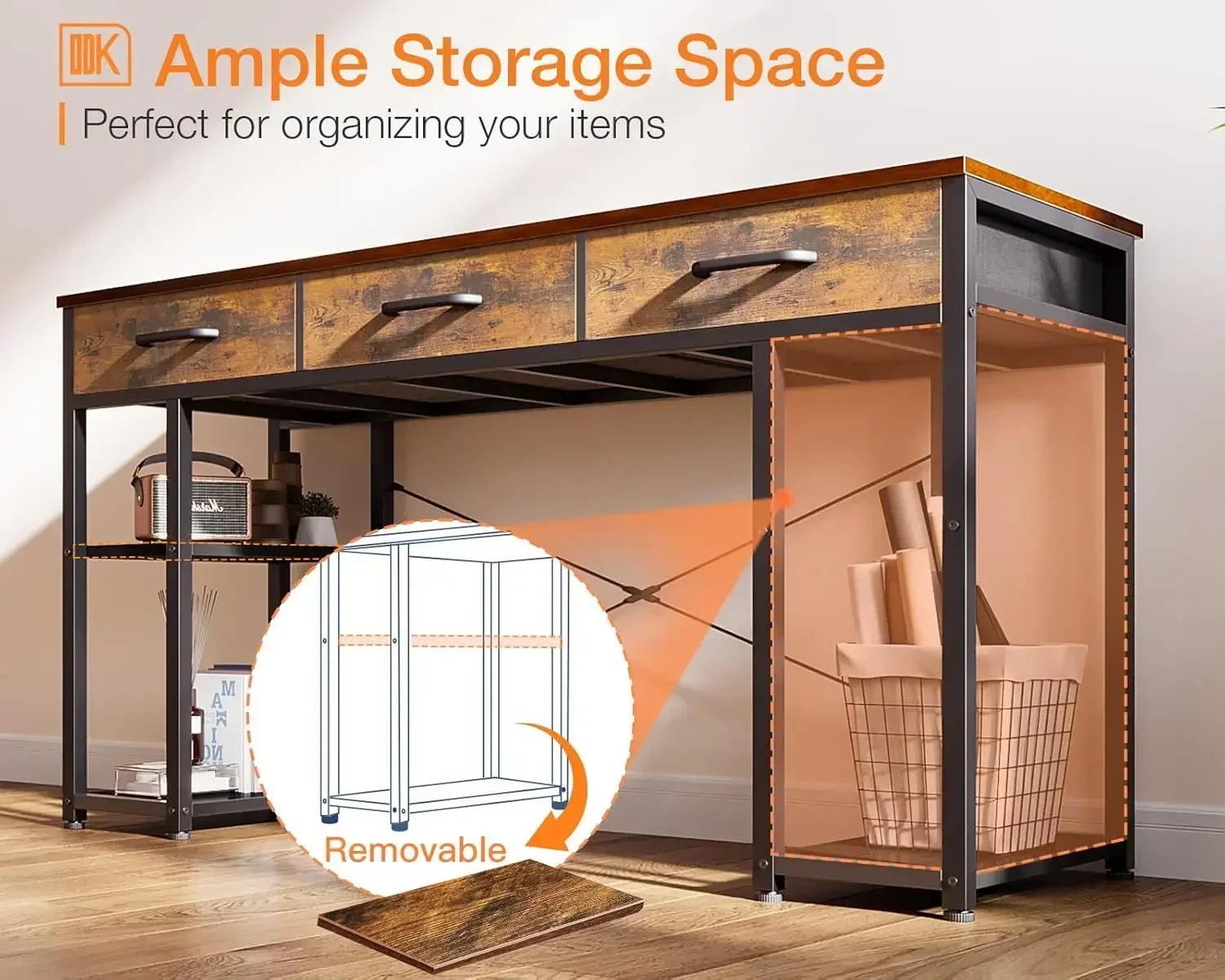 Office Small Computer Desk: Home Table with Fabric Drawers & Storage Shelves, Modern Writing Desk, Vintage, 48"x16"