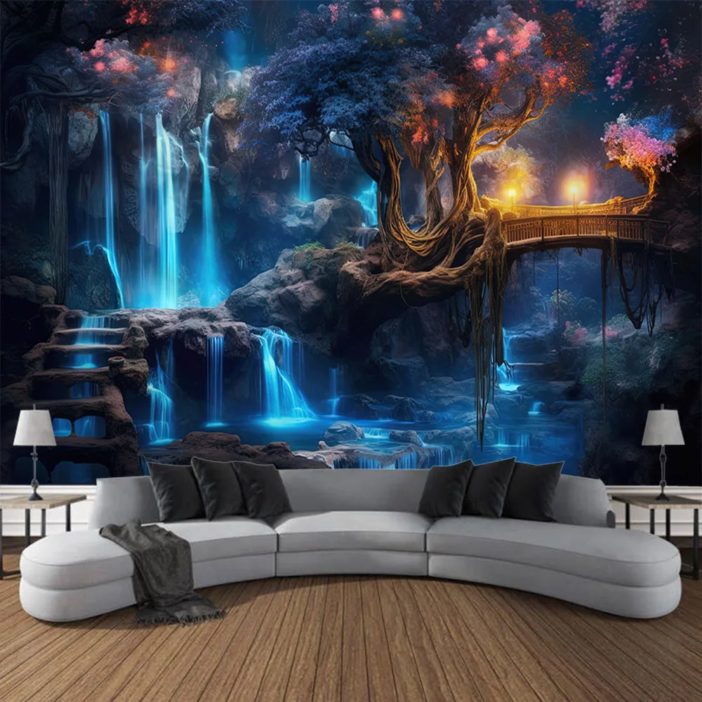 VIKAMA Floating City Scifi Futurism Blauer und lila verträumter Wandteppich, Spielzimmer, Schlafzimmer, Wanddekoration, Raumdekoration