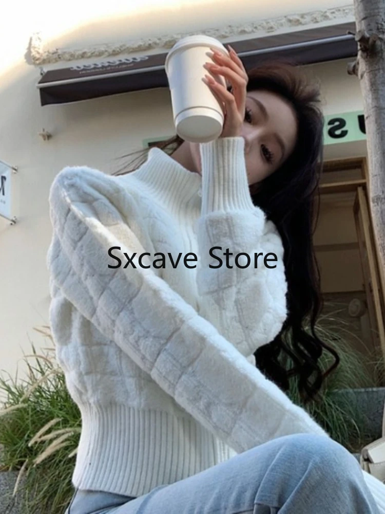 2023 Slim Elegant Zipper Turtleneck Sweaters Korean Chic Simple Y2k Aesthetic Women\'s Coats Fashion All Match Knitted Cardigans