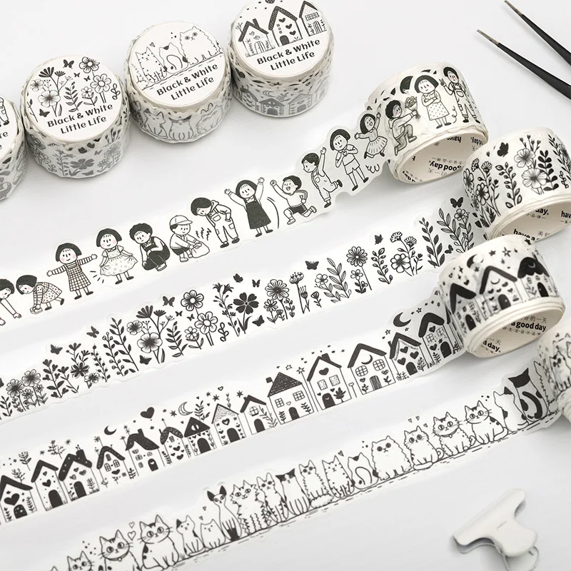 30mm*200cm Cute Cat Character House Flower Landscape Washi Tape Creative DIY Journal Material Collage Scrapbooking Stationery