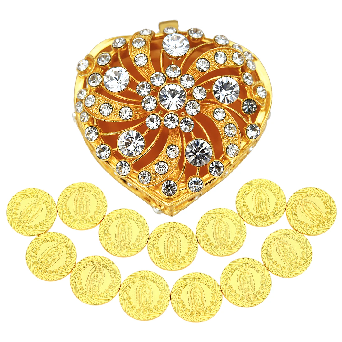 

Mexican Wedding Arras Coins Catholic,Virgen De Guadalupe Gift Box For bride and groom