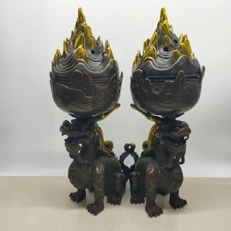 Antique gilded Pixiu Boshan incense burner pair, home decor copper ornaments and crafts