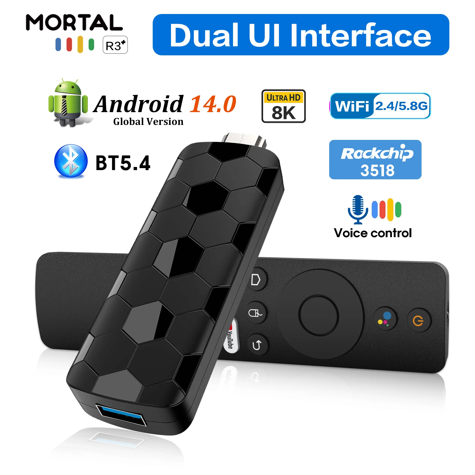 

2026 R3+ Smart TV Stick 4K HD Media Player Android 14 WiFi 2.4G/5G Bluetooth 5.0 Set Top Box for Home Theater
