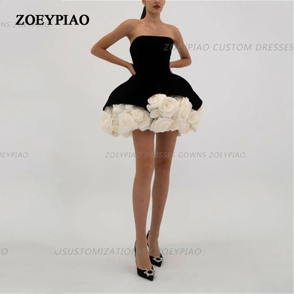 Mini vestido de veludo curto, vestidos de baile, tutu fofo, vestidos de noite, vestido de formatura, flores de veludo preto ou branco, novo