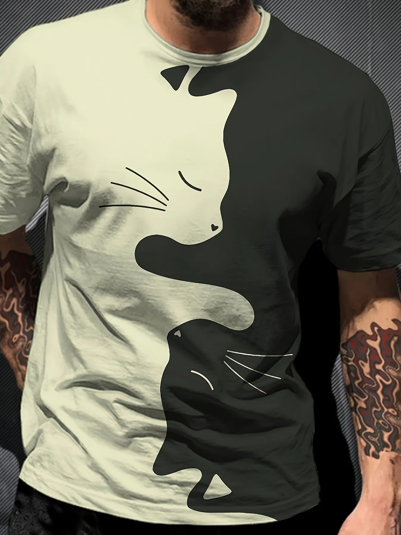 تي شيرت رجالي أنيق على شكل قطة باللون الأسود والأبيض بتصميم كاجوال من البوليستر الناعم مثالي لملابس عطلة نهاية الأسبوع #4