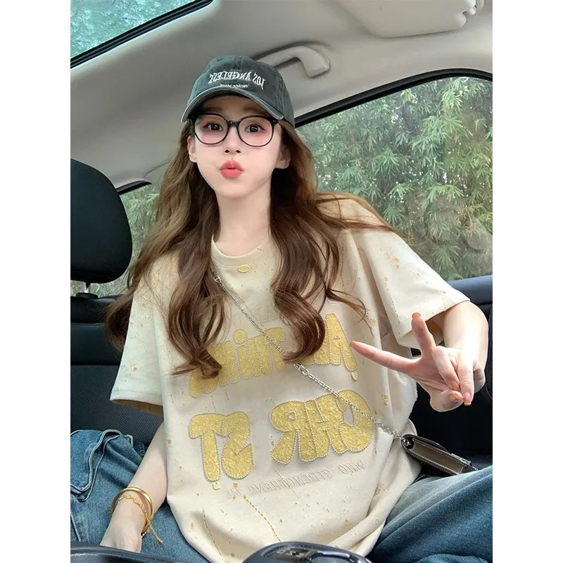 

Off Embroidered Letter ort Sve T-irt Women's New Summer Heavy Work Design Loose Top Faionable Casualwear