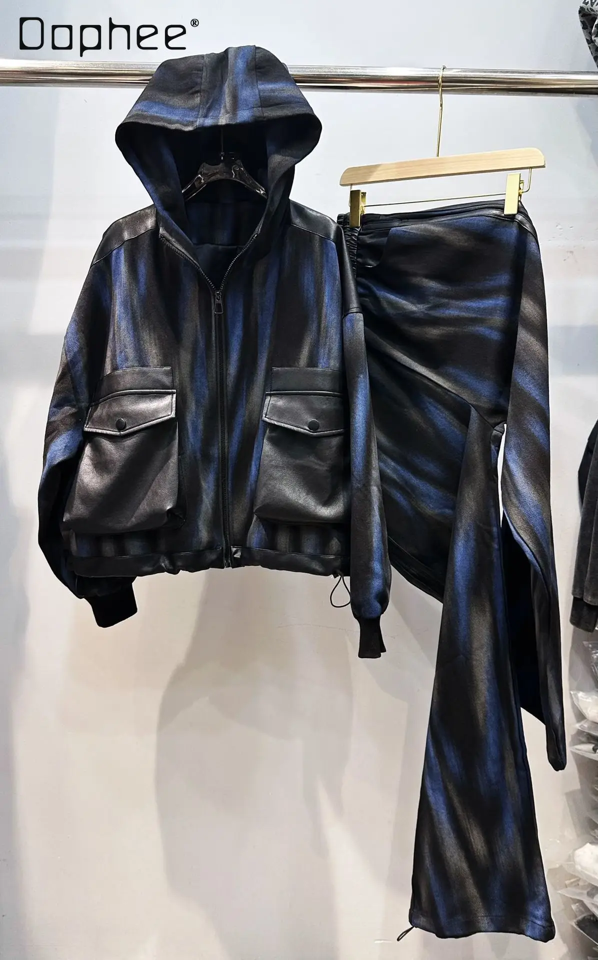 

European-style Painted Suit for Women 2026 Spring New Patchwork PU Leather Jacket with Large Pockets Elastic Waist Pants