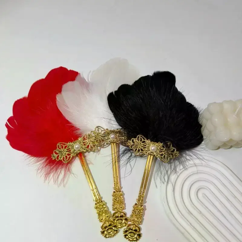 1Pcs Gold Handle Colorful Vintage Fluffy Feather Hand Fan Chinese Style Fairy Fan Dance Fan Stage Performances