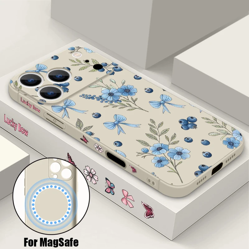 Blueberry Bowknots Floral Case For iPhone 17 Pro Max Funda iPhone 16 Pro Max 15 14 13 12 11 16E Magnetic For Magsafe Soft Cover