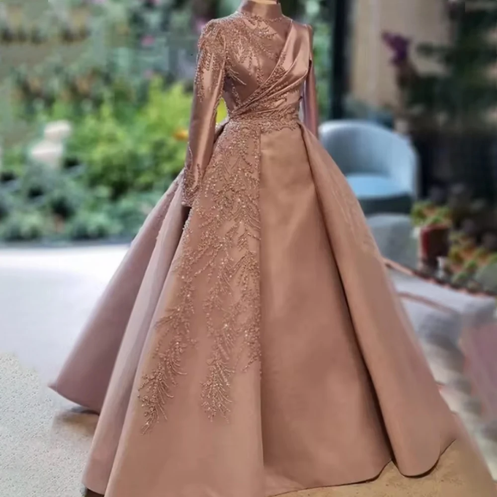 

Elegant High Collar Long Sleeve A Line Bride Dress Appliques Sequined Women Muslim Church Bridal Gown Customized robe de mariée