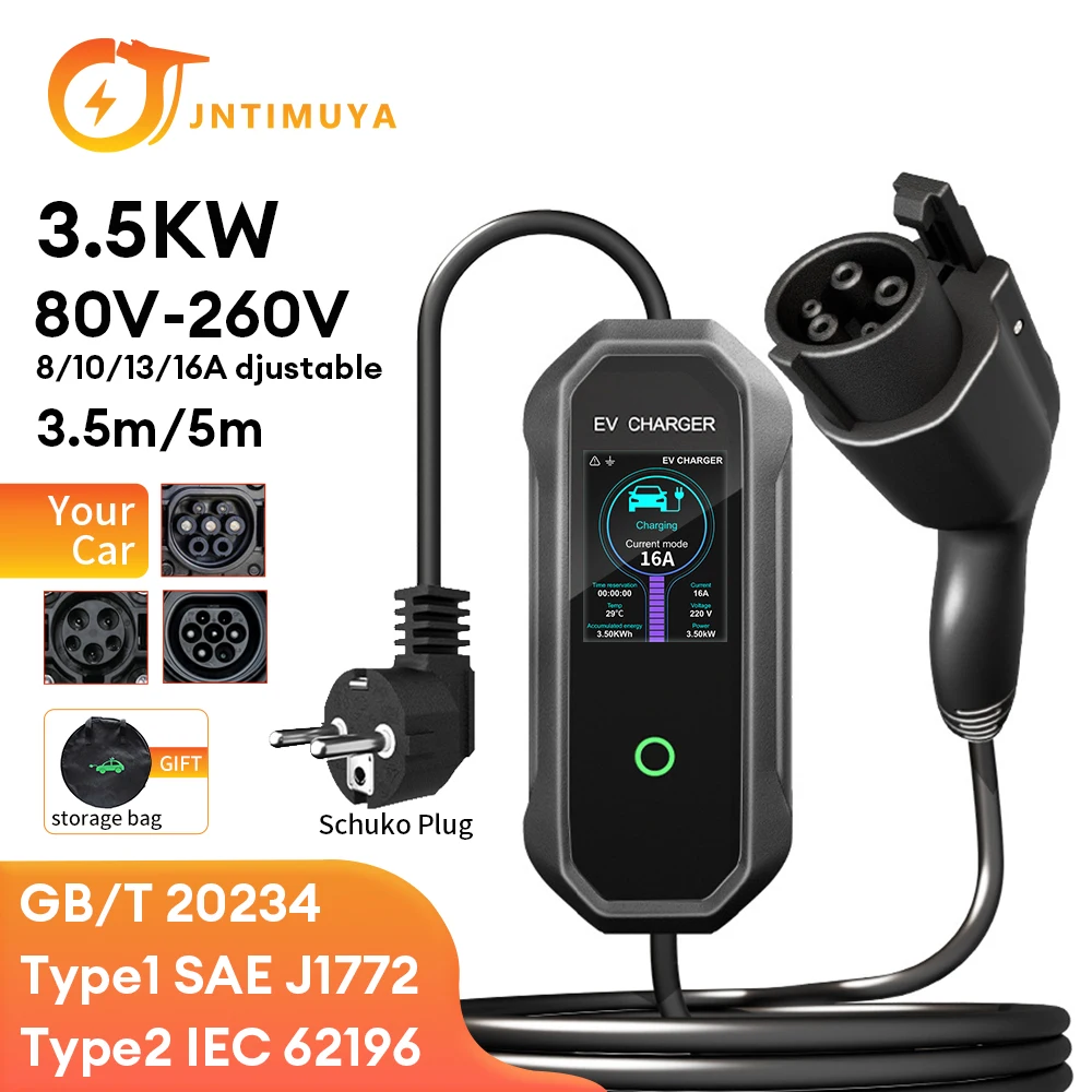 

JNTIMUYA Electric Vehicles Portable Charger 3.5KW Type2 IEC62196-2 16A EVSE GBT Type1 EU Plug Charging Controller Wallbox 3.5M