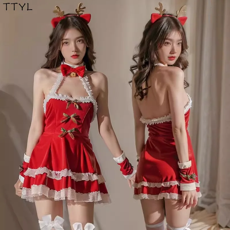 TTYL عيد الميلاد الزي الرسمي مجموعة الحسية حمالة عارية الذراعين فستان النوم حفلة عيد الميلاد الزي ملهى ليلي تنورة قصيرة ملابس غريبة