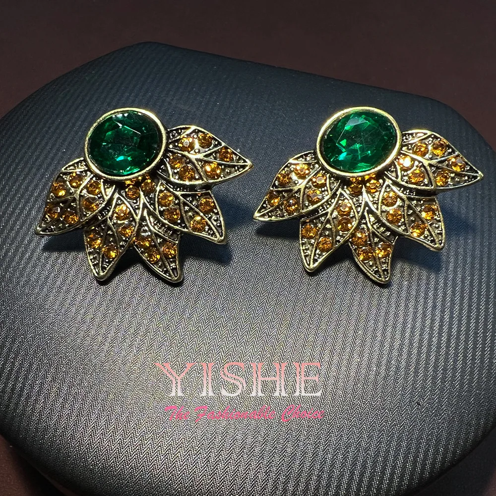 

Medieval vintage diamond-encrusted old leaf earrings, retro high-end cross-border i hot-selling real gold S925 earrings