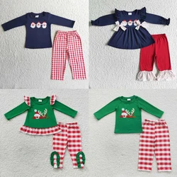 Wholesale Children Embroidery Sets Long Sleeves Tops Pants Boy Girl Plaid Sleepwear Pajamas Kids Toddler Christmas Santa Outfit