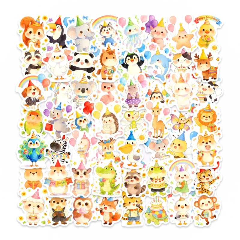 

50PCS Birthday Hat Animals PVC Sticker Aesthetic DIY Decoration Phone Laptop Luggage Skateboard Graffiti Decals for Kids