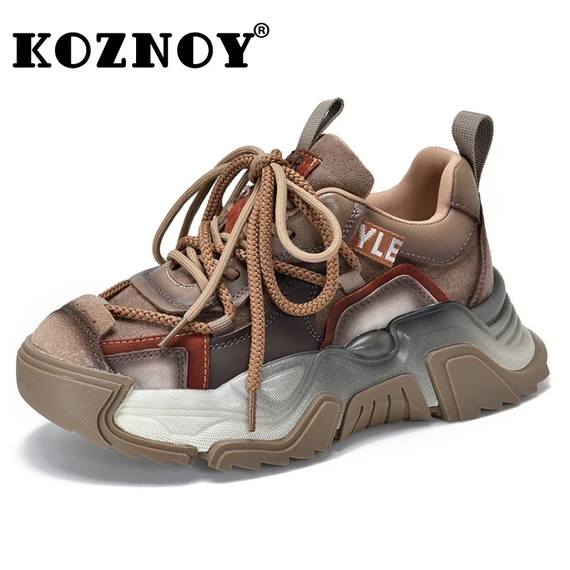 

Koznoy 5cm Suede Genuine Pigskin Leather Chunky Sneakers Vulcanize Comfortable Spring Autumn Women Flats Loafer Platform Shoes