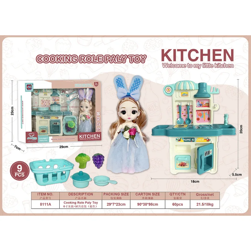 

Детский игровой кухонный набор Cookyfun розового цвета с 6-дюймовой куклой, овощами, фруктами и посудой для ролевых игр, игрушка для девочек-малышек
