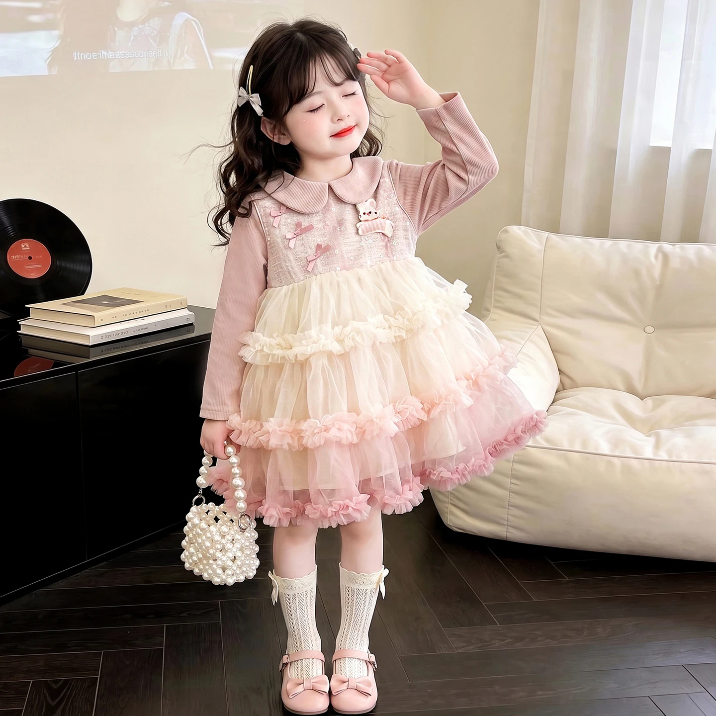 Kids Girls 2‑Piece Sweet Outfit Long Sleeve Top + Mesh Layered Tutu Cake Dress Pink Princess Birthday Party Dresses For Toddlers