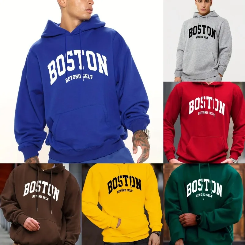 

New Men's Boston Print Hooded Sweatshirt with V-neck Long Sleeve Plus Size Hoodie