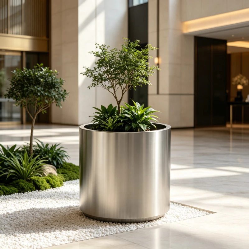 Cylindrical Brushed Stainless Steel Planter Hotel Lobby Flower Pot for Patio Roof Garden Container Minimalist Decorative Vase