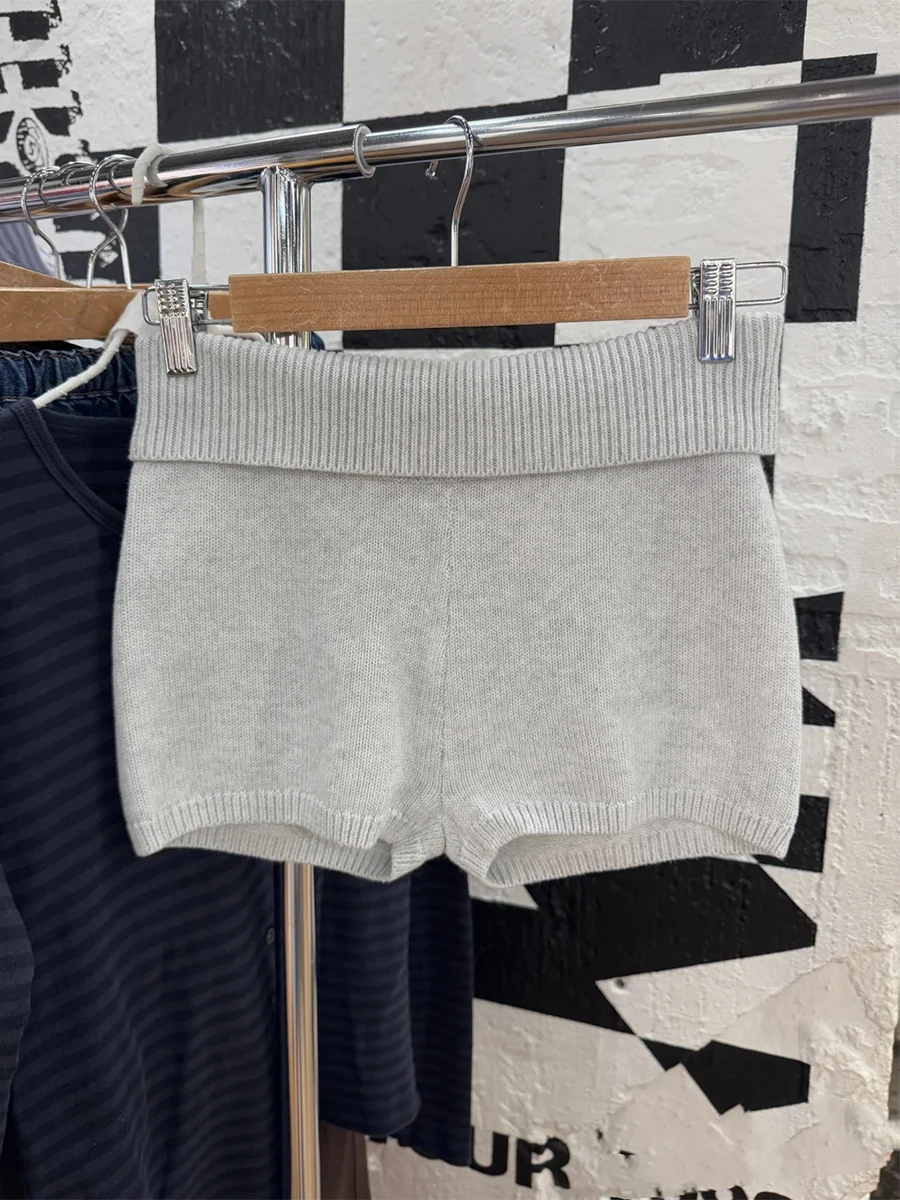 

Gray Flanging Knit Shorts Woman Spring New Cotton Elastic Waist Straight Short Pants Retro Casual Home Underwear Sweatshorts Y2k