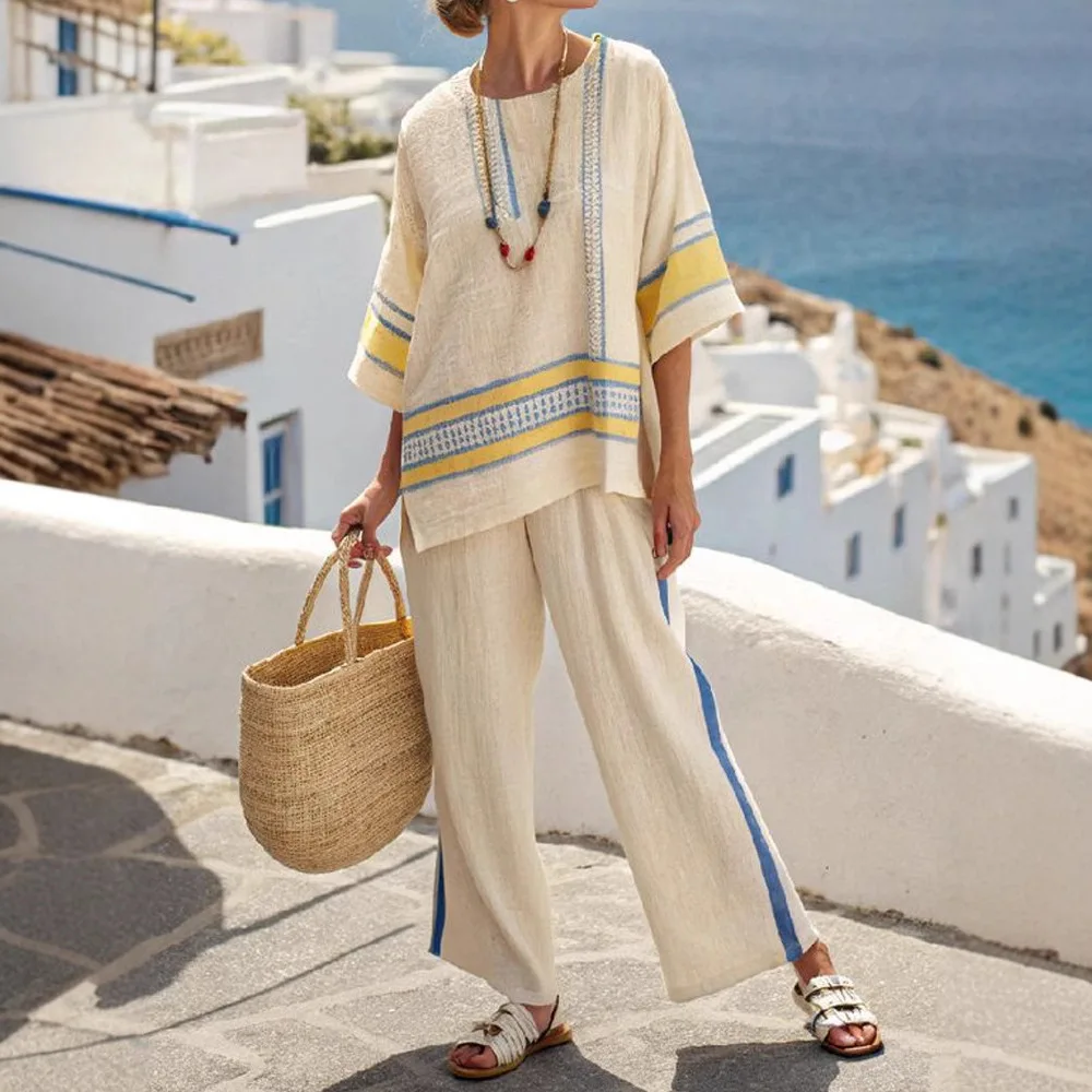 

Mid-sleeves, Round Neck, Slit Pullover Loose Top Wide-leg High-waisted Trousers Two-piece Set Women's Beach Casual Vacation Suit