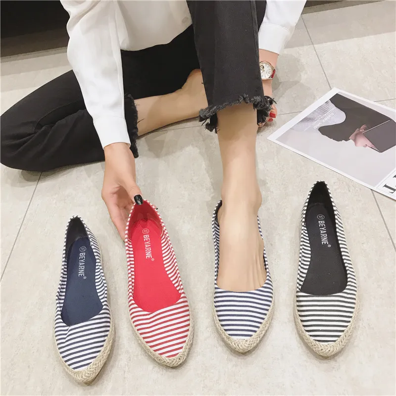 Breathable Cheap Shoes China Flats Black Pointed Toe Espadrilles Blue Women Slip On Hemp Large Size Striped Plain 2023 Casual