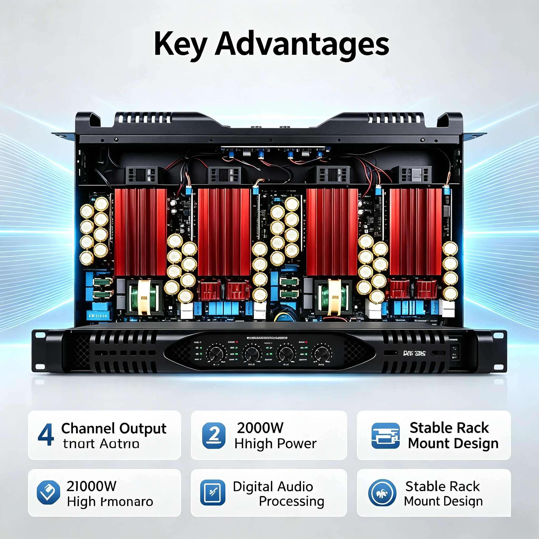 1300W 1U Digital Class , Quad-Channel High Power Pure Post-Stage Professional Audio Amplifier for Stage Performance