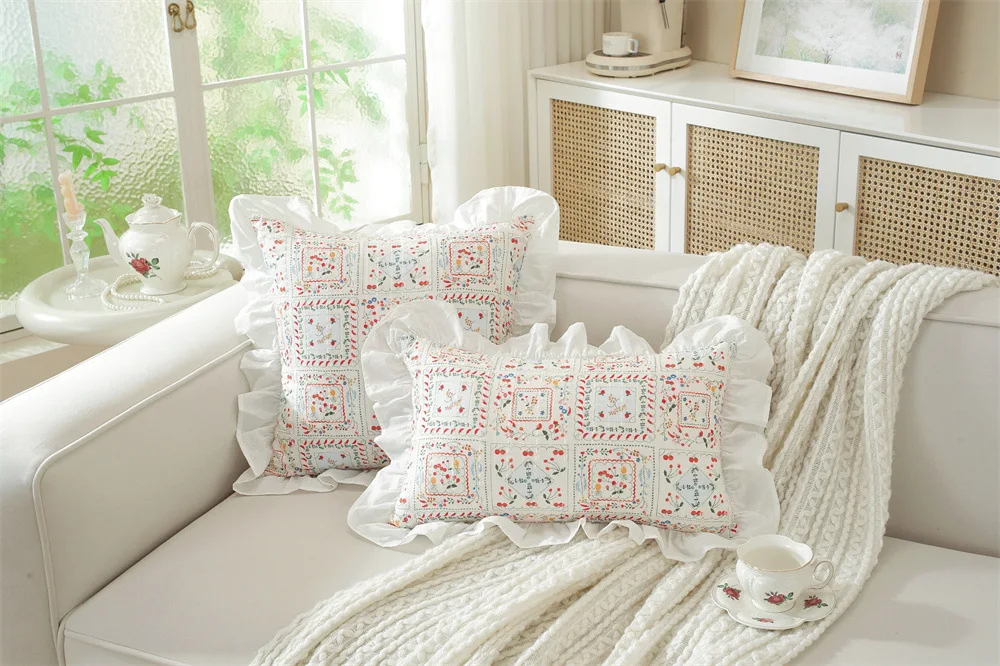 Französische Baumwoll-Kissenhülle, Rüschen-Design, bedruckt, Dekoration, Sofa-Kissenbezug, Kopfteil-Kissenbezüge, 30x50/45x45cm – Detail 19