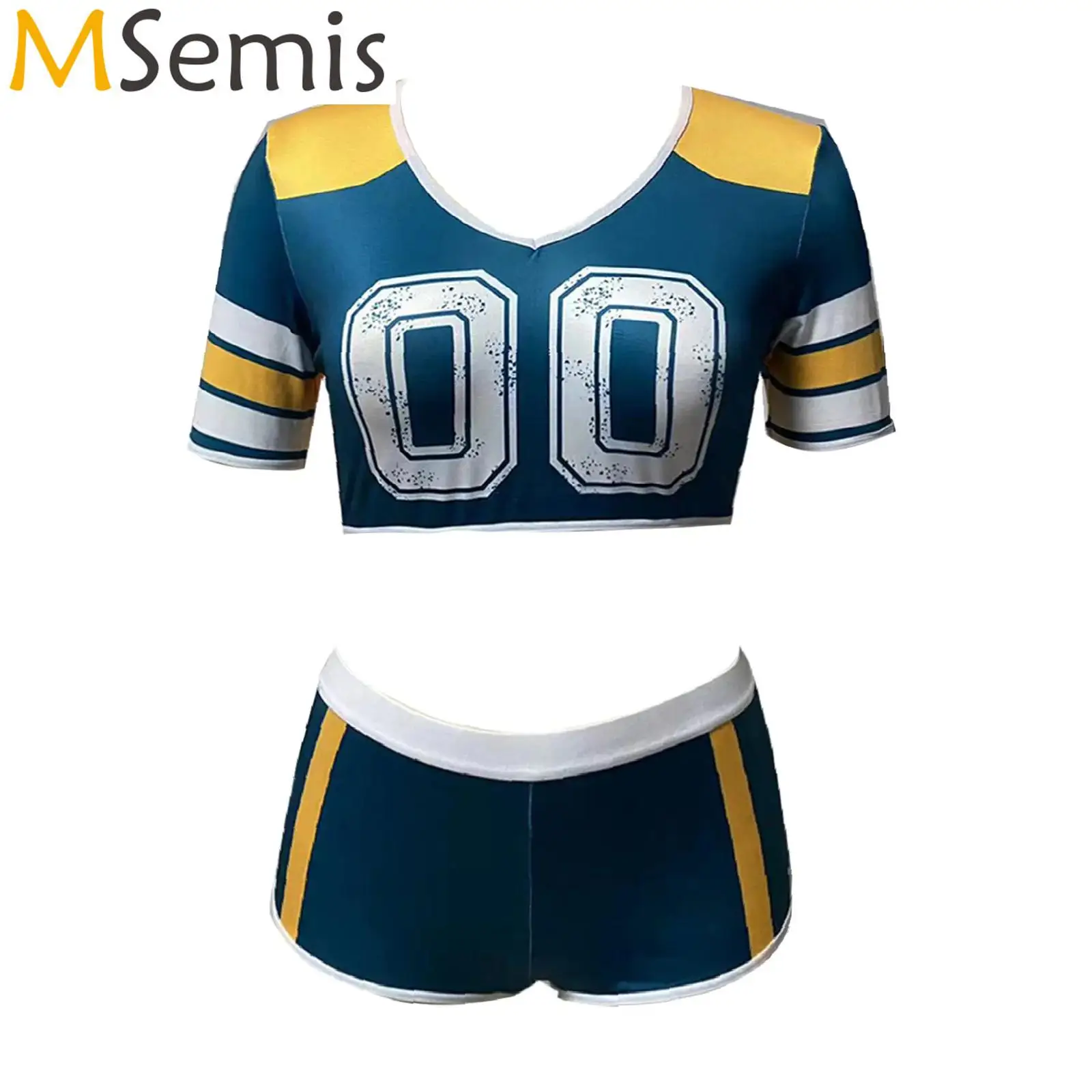 

Womens Sexy Football Cheerleading Uniform Cheerleader Football Jersey Costume Print Crop Top with Shorts Cosplay Ball Match Set