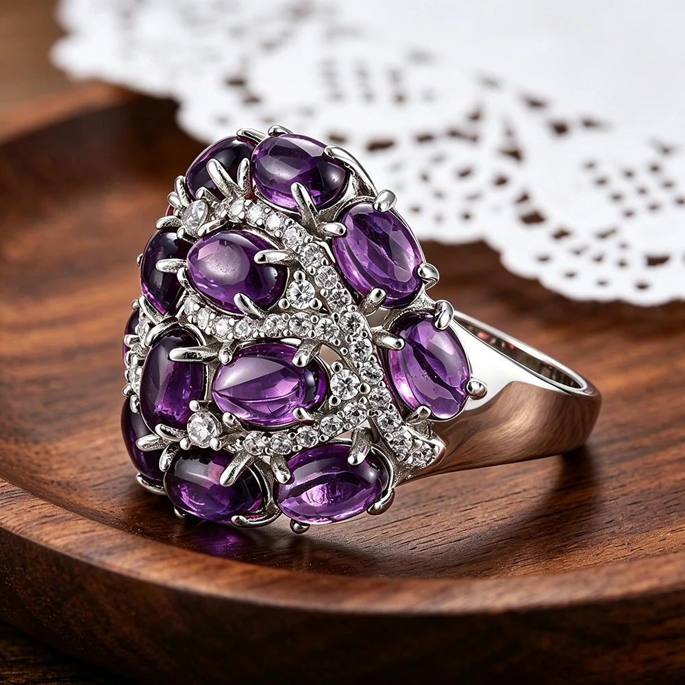 Natural Amethyst Women's Ring 925 Sterling Silver Real Gemstones Fine Jewelry for Anniversary And Proposal Gifts