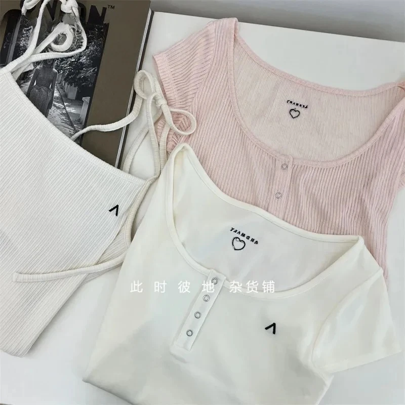 

Summer New Top Set Pure Desire Cute Sweet Suspender Cardigan T-shirt Solid Color Versatile Short-sleeved Tops for Women